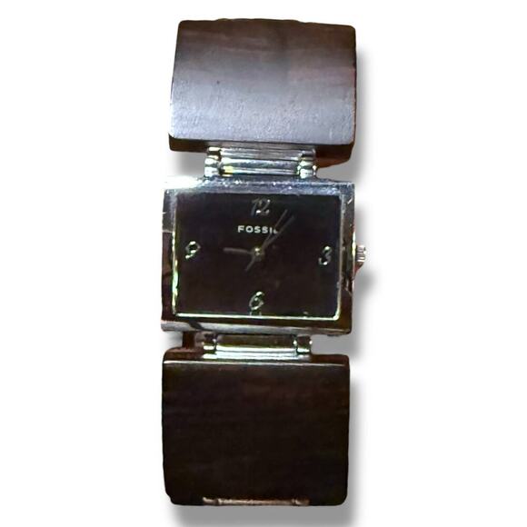 Fossil F2 Watch Womens Silver Tone Wood Grain Rectangle Bracelet Quartz WORKS - Picture 2 of 8